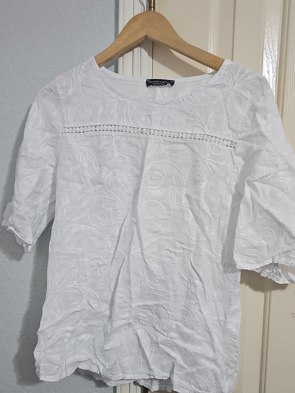 Francesca's Collections White Embroidered Crochet-Trim Blouse